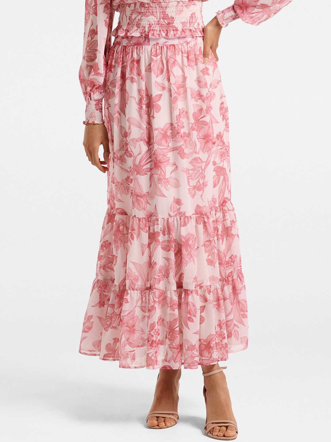 

Forever New Women Pink & White Printed Flared Midi Skirt