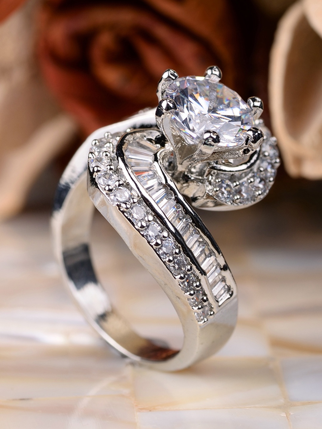 

Saraf RS Jewellery White & Rhodium-Plated AD Studded Finger Ring