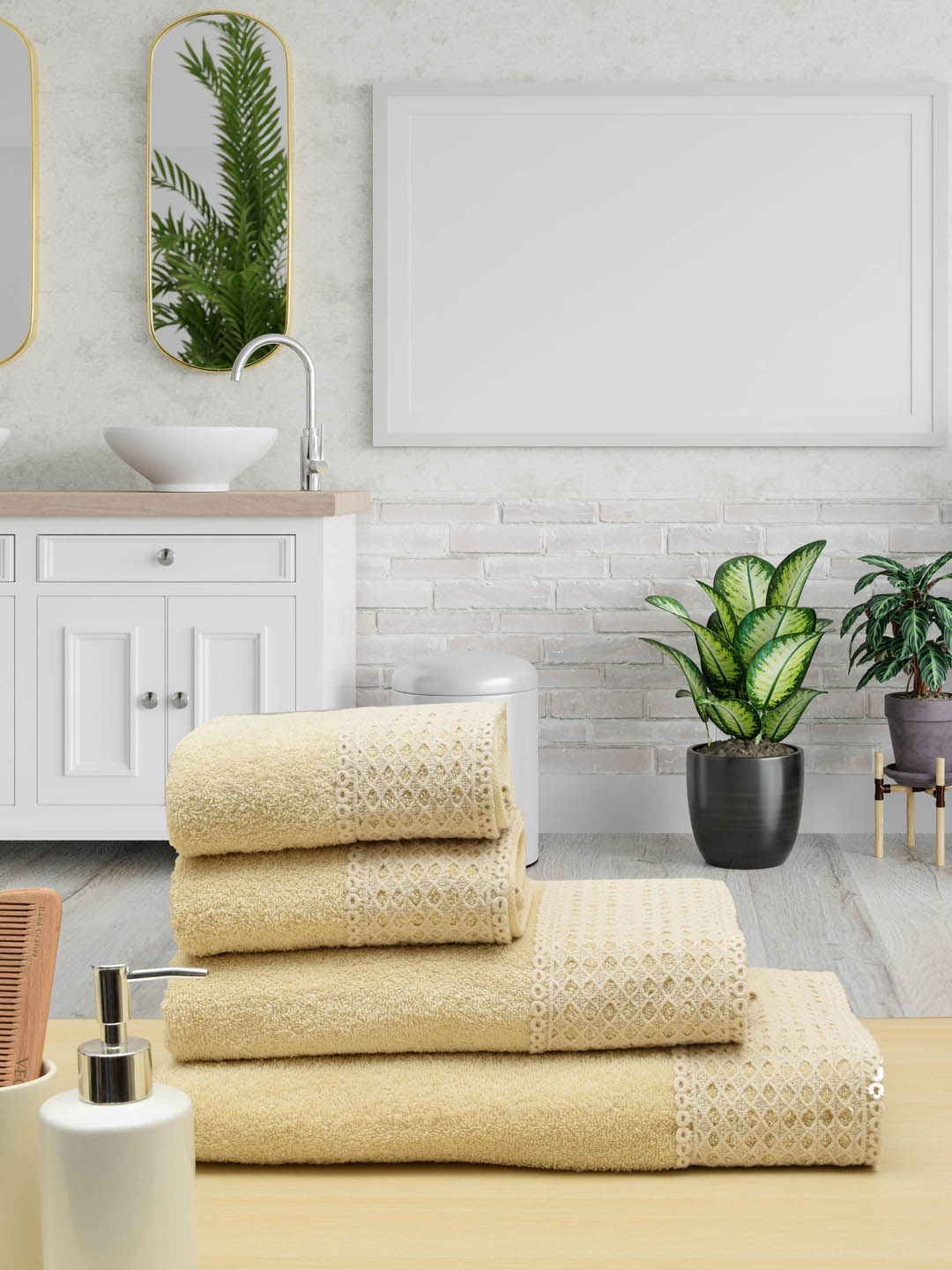 

RANGOLI Set Of 4 Cream-Coloured Alpana Lace Self Design Cotton Towel Set