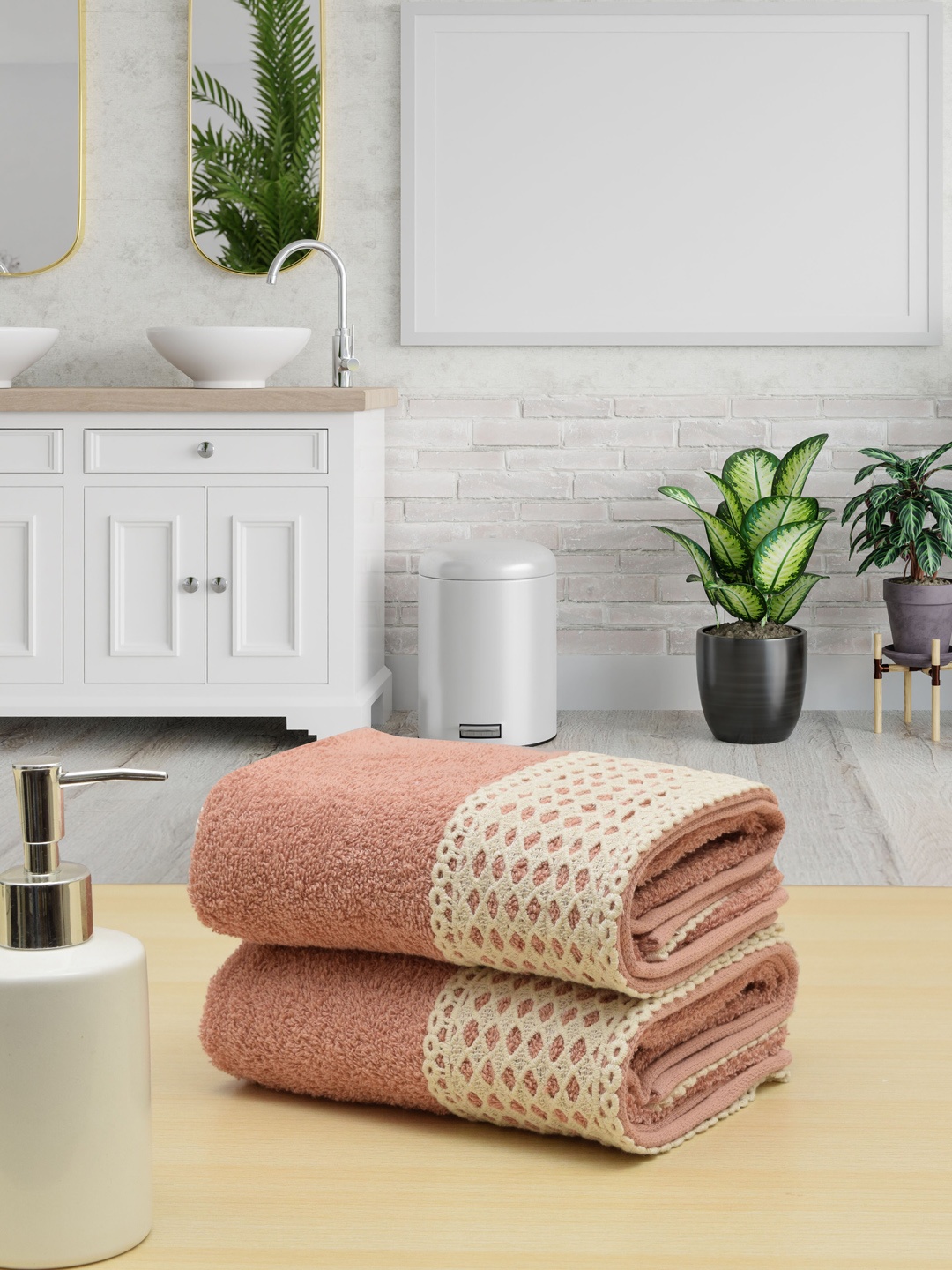 

RANGOLI Pack of 2 Cream Alpana Lace Large Hand Towel