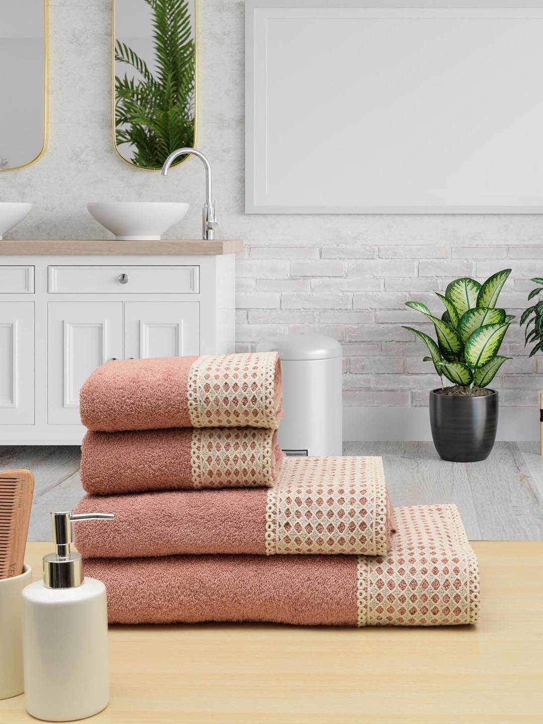 

RANGOLI Cream Pack of 4 Alpana Lace Brittany Bath Towel
