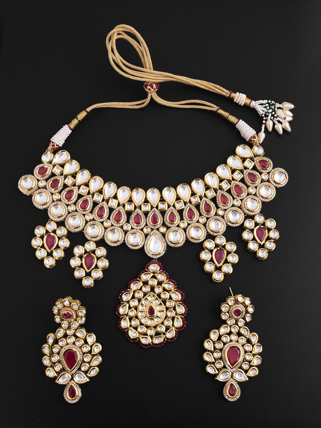 

Tistabene Gold Toned & Red Traditional Kundan Meena Bridal Necklace Set