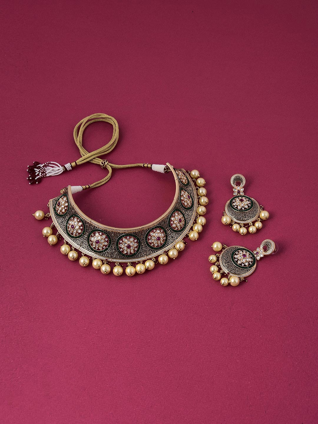 

Tistabene Woman Gold Floral Enamelled Pearls Choker Necklace Set