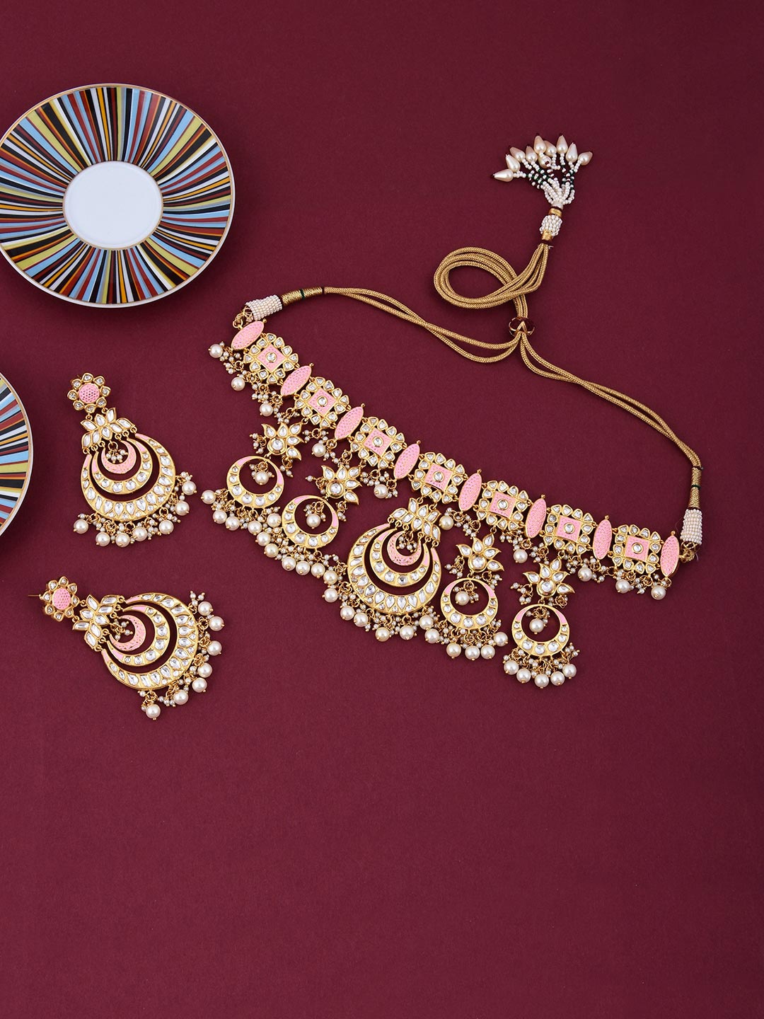 

Tistabene Gold-Plated Kundan Polki Enamelled Choker Necklace Set