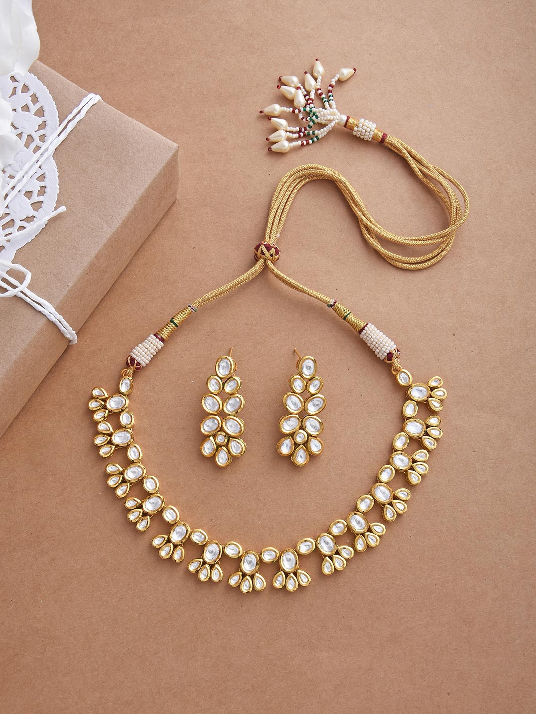 

Tistabene Gold Toned & White Traditional Kundan Meena Designer Necklace Set