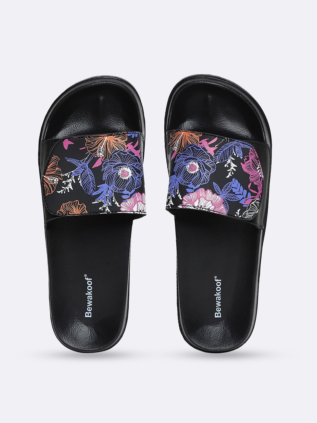 

Bewakoof Women Black & Blue Printed Rubber Sliders