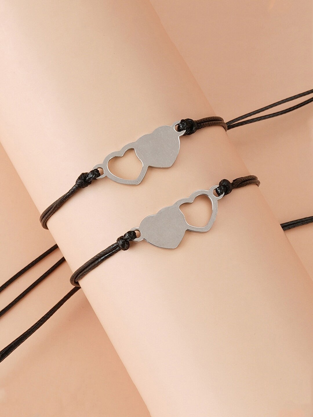 

Yellow Chimes Women Set Of 2 Black & Silver-Toned Heart Shaped Wraparound Bracelet