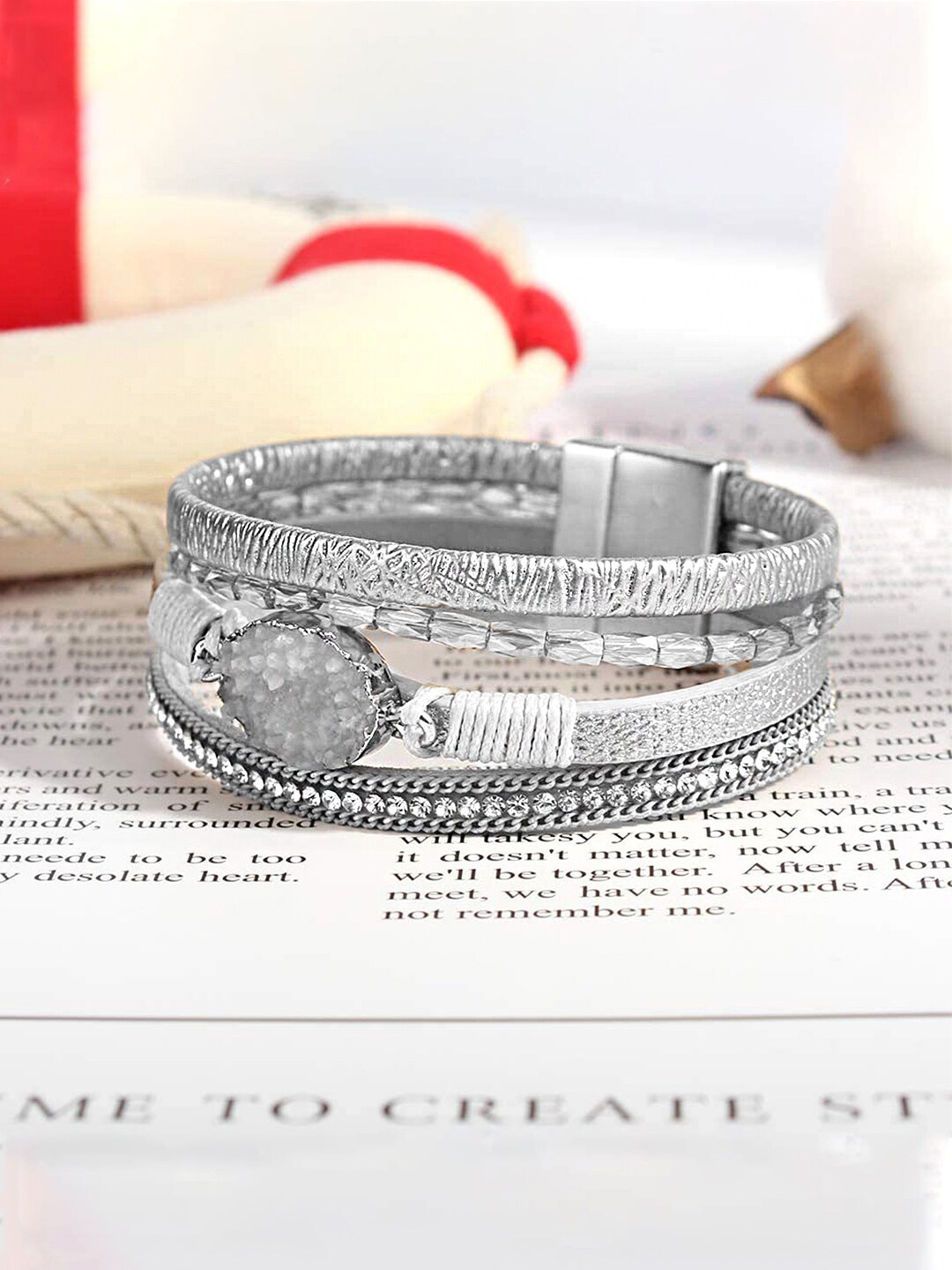 

Yellow Chimes Women Silver-Toned Stone Studded Layered Wraparound Bracelet