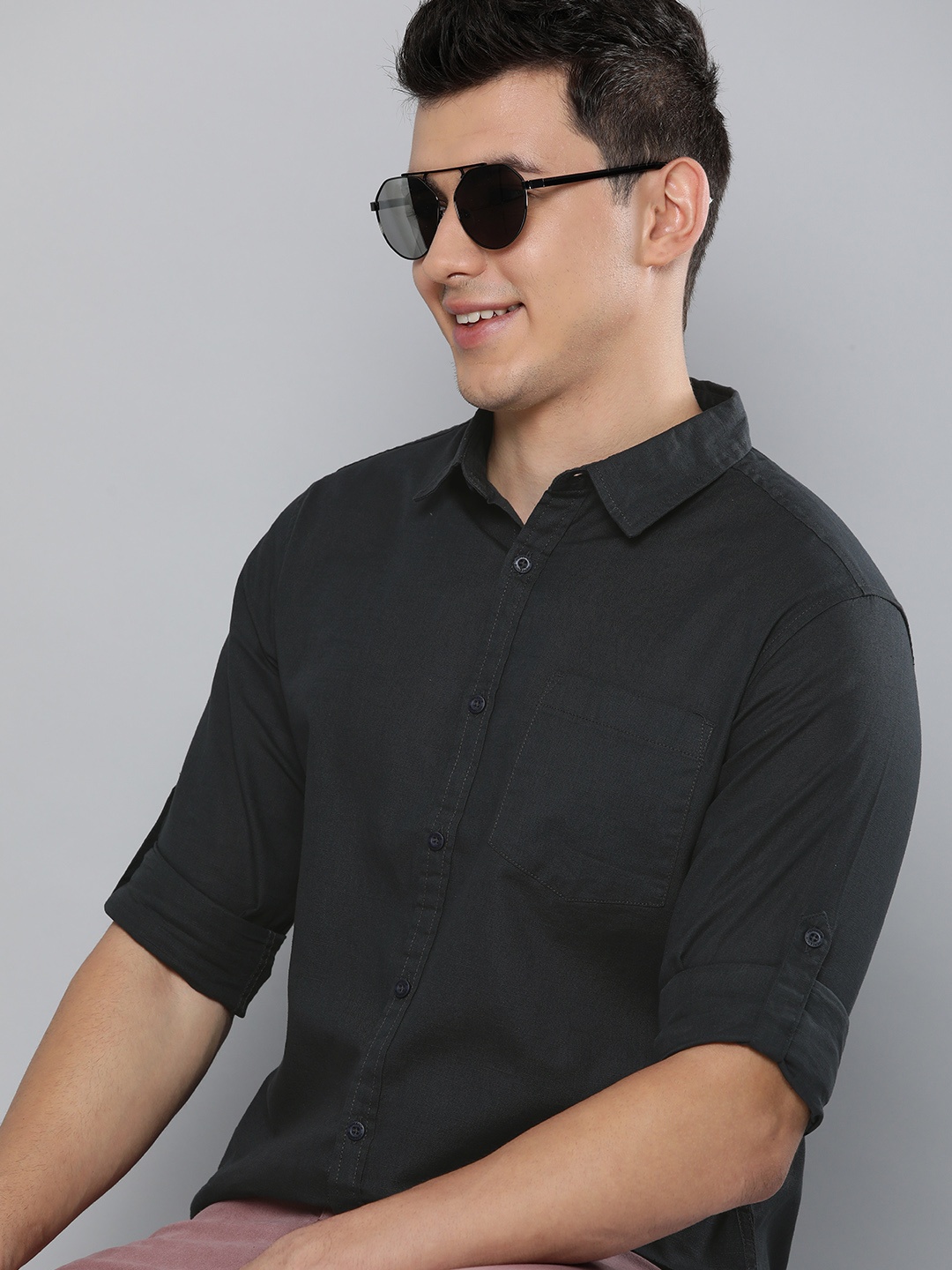 

HERE&NOW Men Black Slim Fit Pure Cotton Casual Shirt
