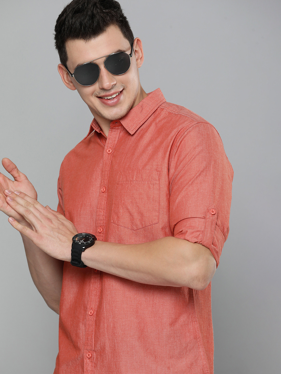 

HERE&NOW Men Coral Orange Slim Fit Casual Shirt
