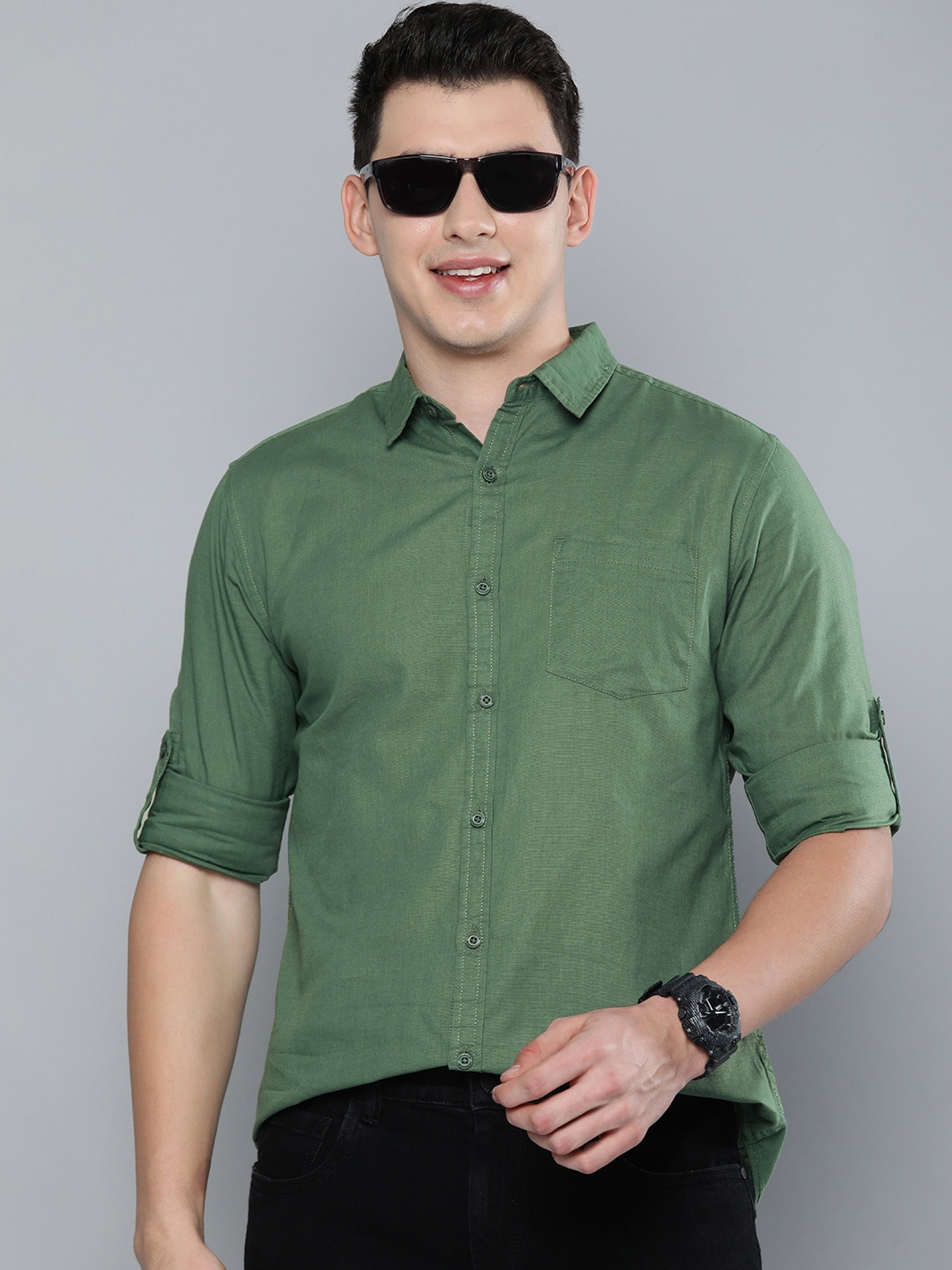 

HERE&NOW Men Green Solid Slim Fit Casual Shirt