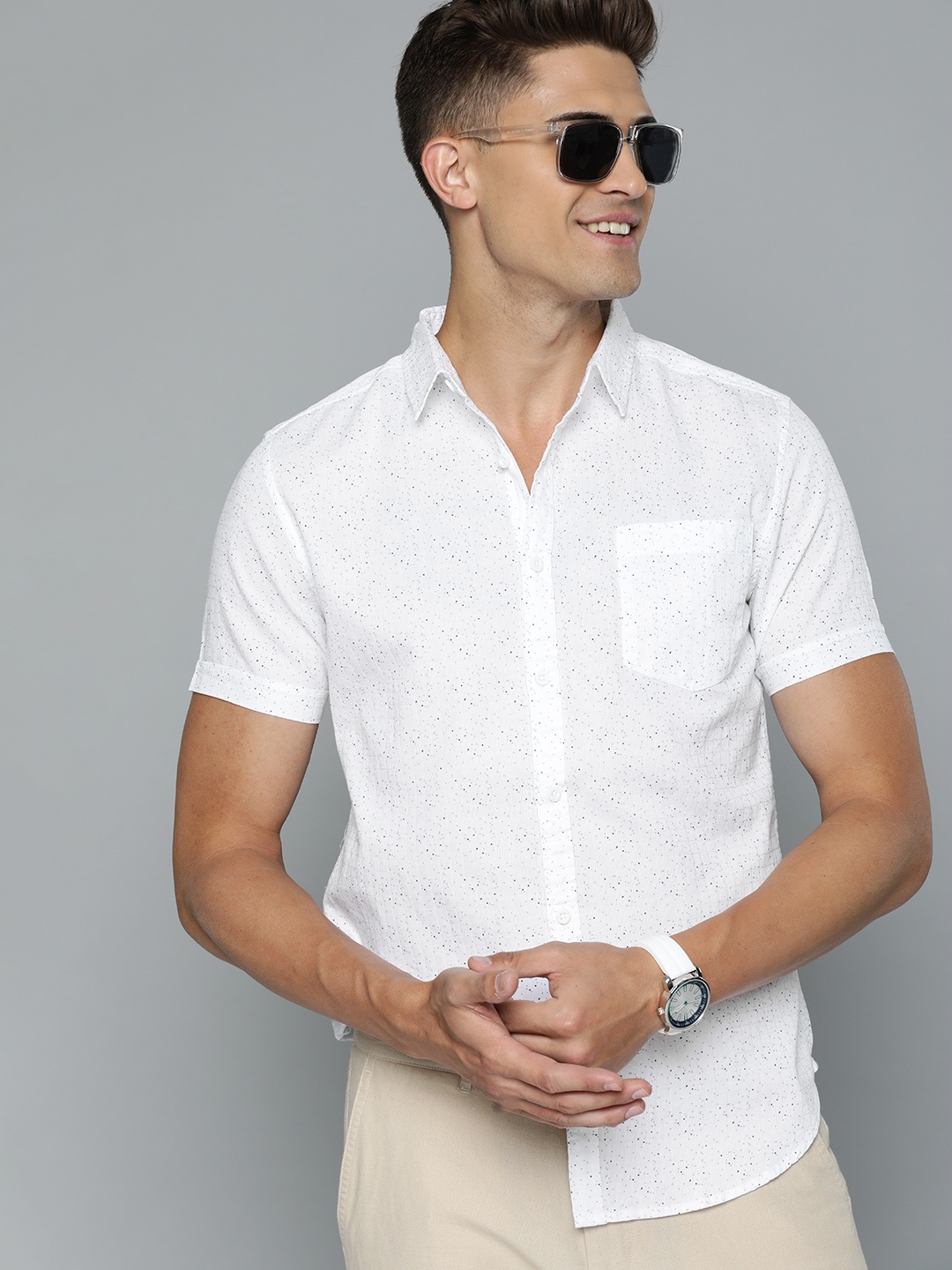 

HERE&NOW Men White & Navy Blue Slim Fit Printed Shirt