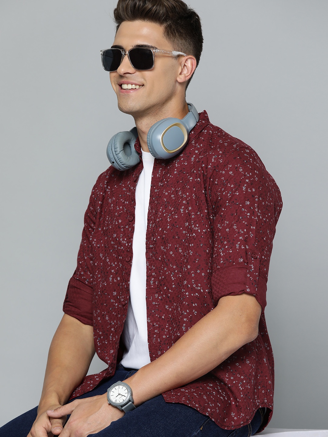 

HERE&NOW Men Maroon Pure Cotton Micro Ditsy Printed Slim Fit Casual Shirt