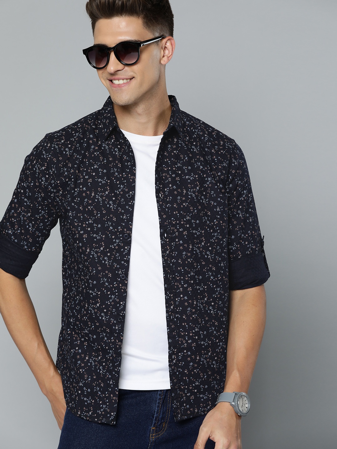 

HERE&NOW Men Black Pure Cotton Micro Ditsy Printed Slim Fit Casual Shirt
