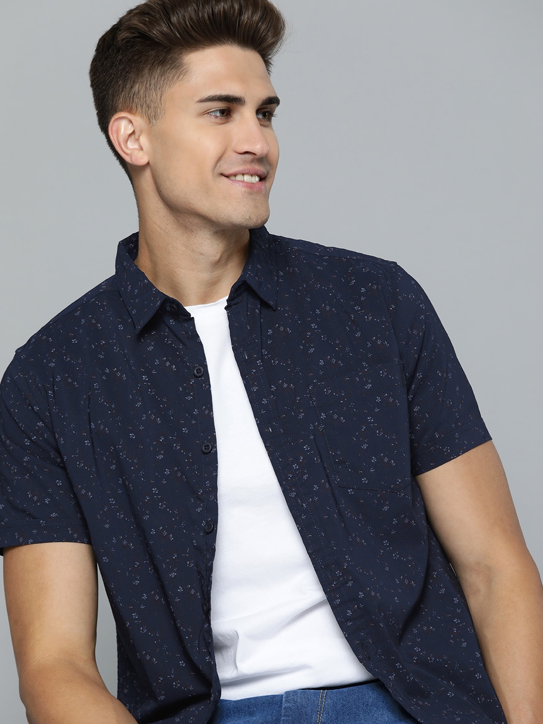 

HERE&NOW Men Navy Blue Slim Fit Opaque Printed Casual Shirt