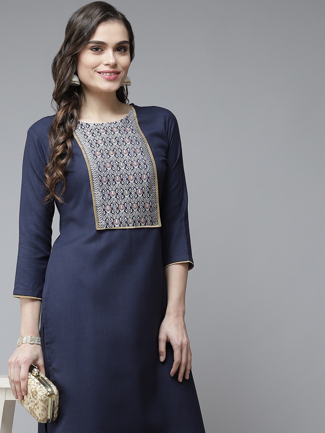 

Indo Era Women Navy Blue Pure Cotton Patchwork Kurta with Palazzos