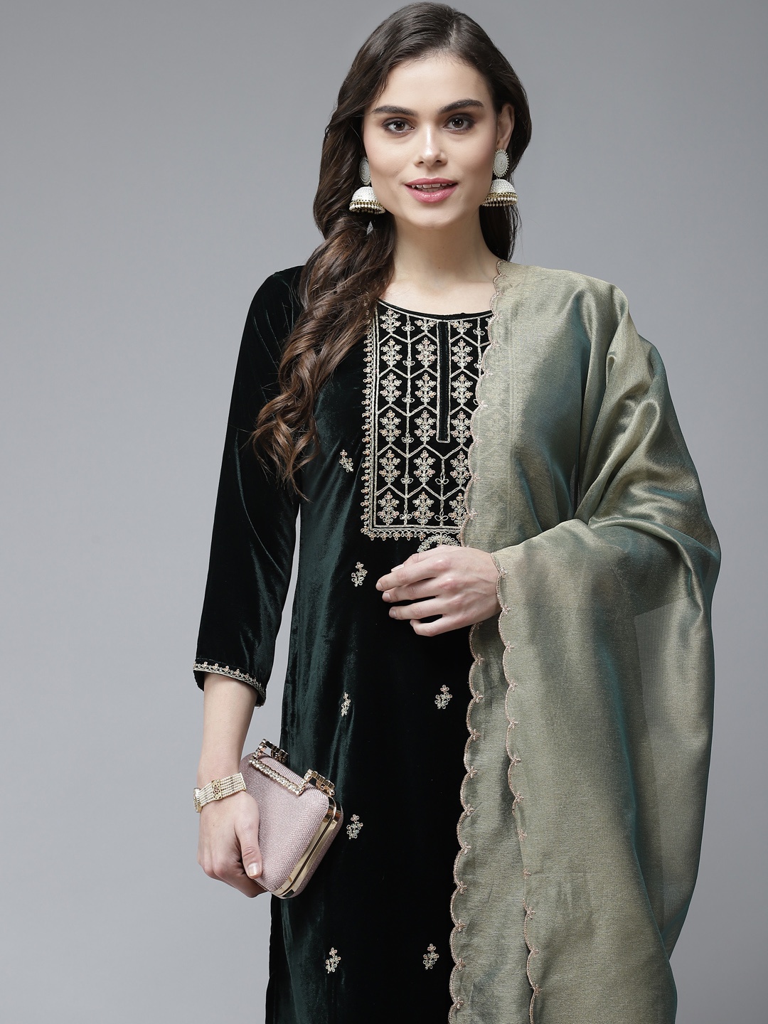 

Indo Era Women Green Ethnic Motifs Embroidered Velvet Kurta with Palazzos & Dupatta