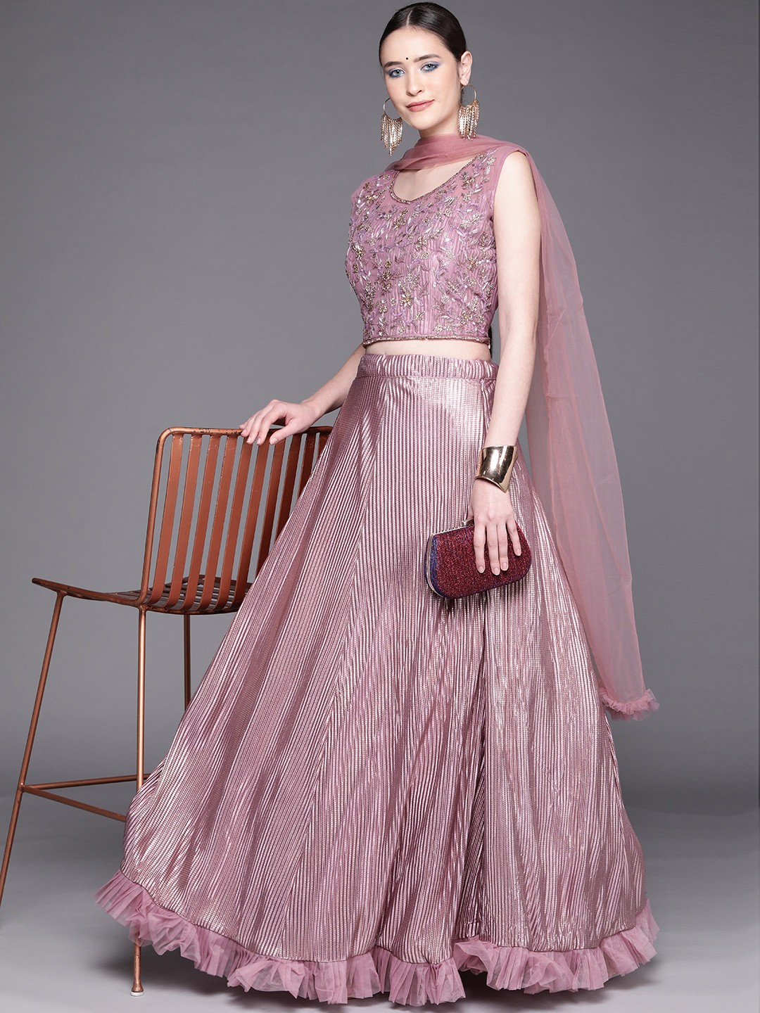 

Mitera Women Purple & Silver Embroidered Lehenga & Blouse With Dupatta