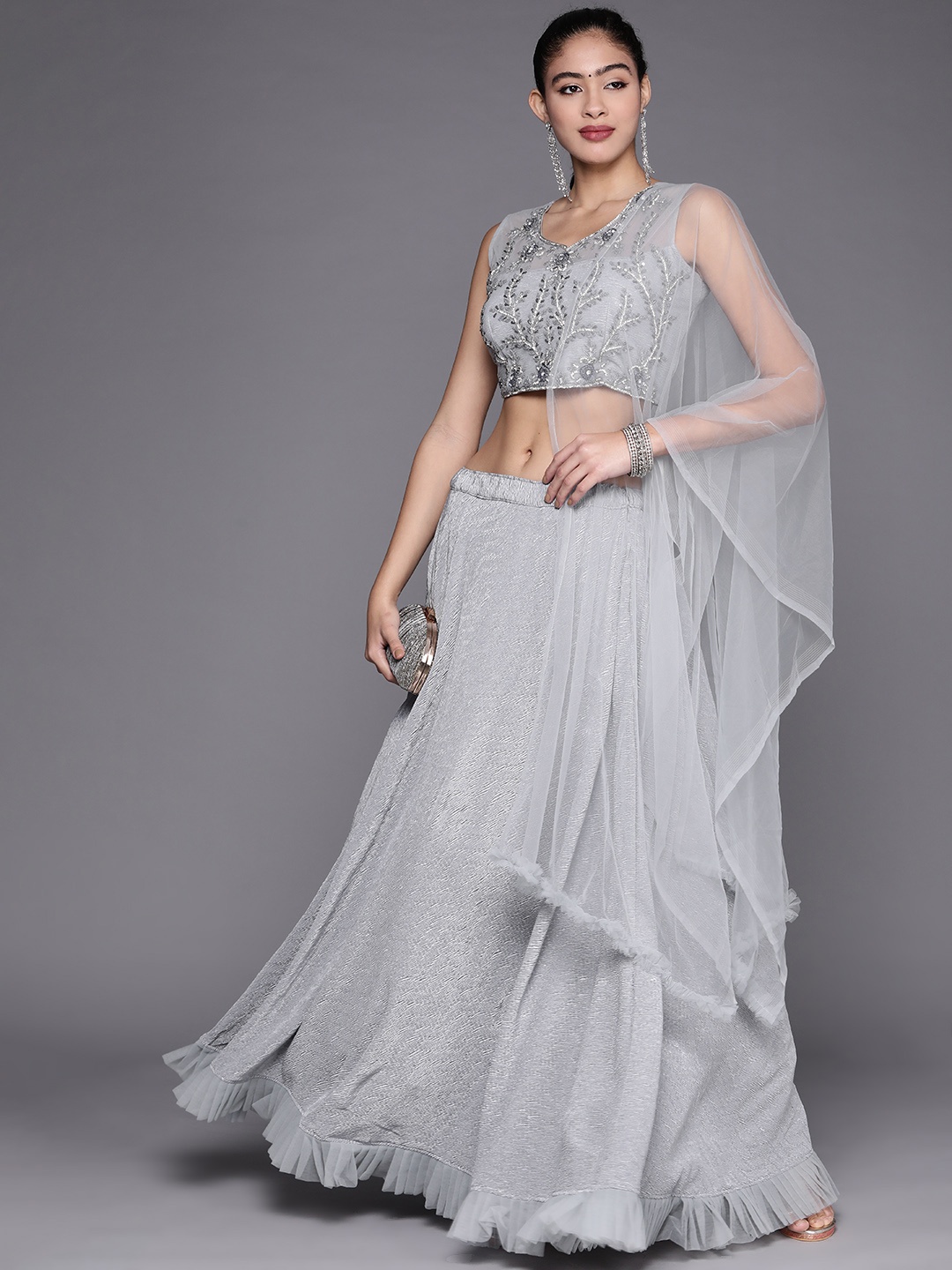 

Mitera Women Grey & Silver Embroidered Lehenga & Blouse With Dupatta