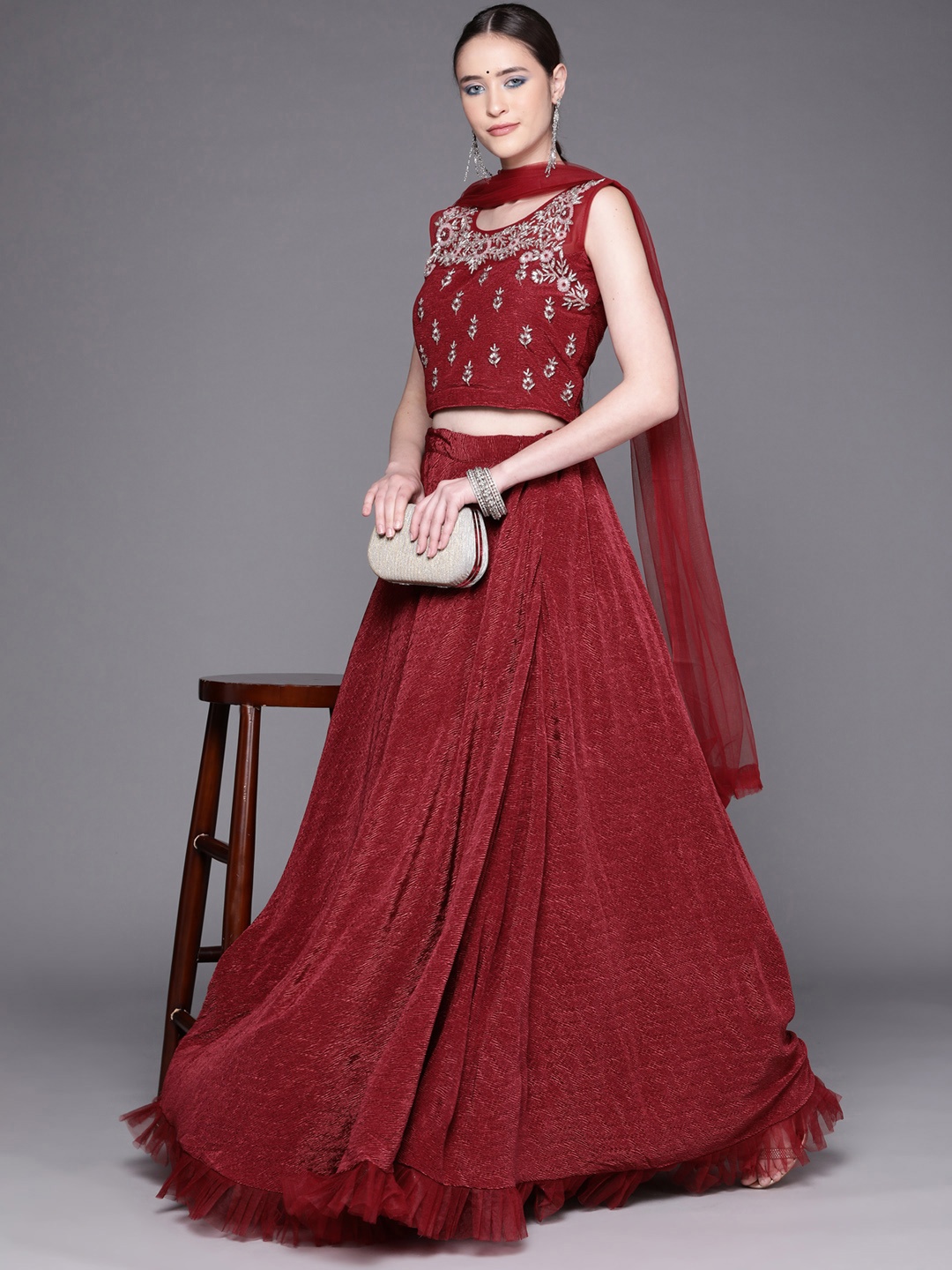 

Mitera Women Maroon & Silver Embroidered Lehenga & Blouse With Dupatta