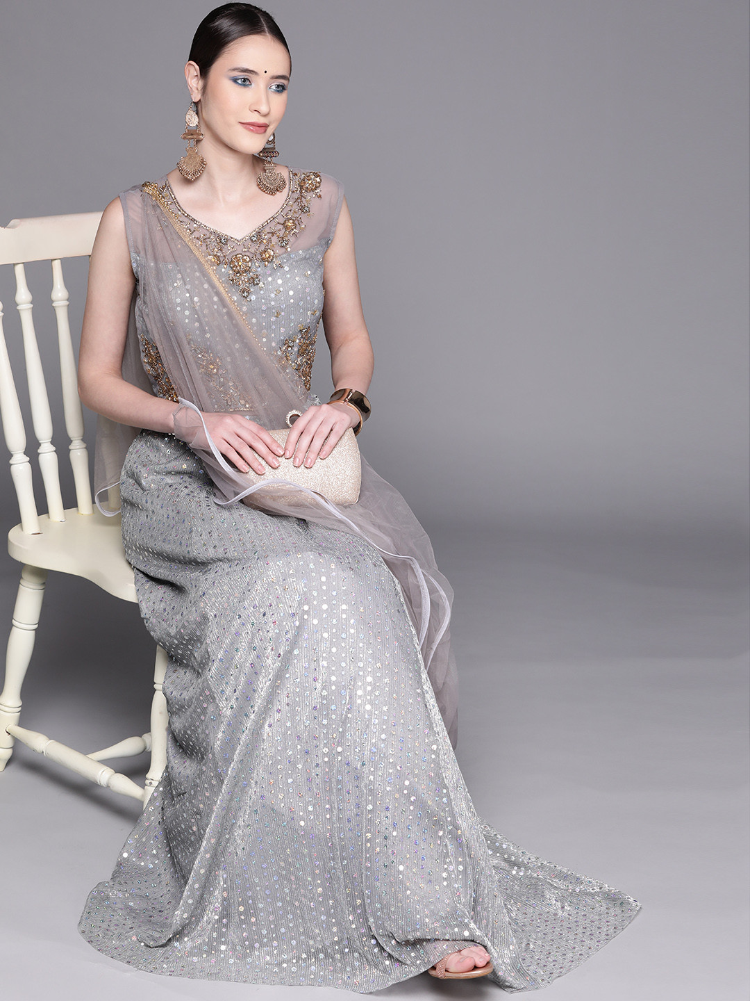 

Mitera Women Grey & Silver Embroidered Lehenga & Blouse With Dupatta