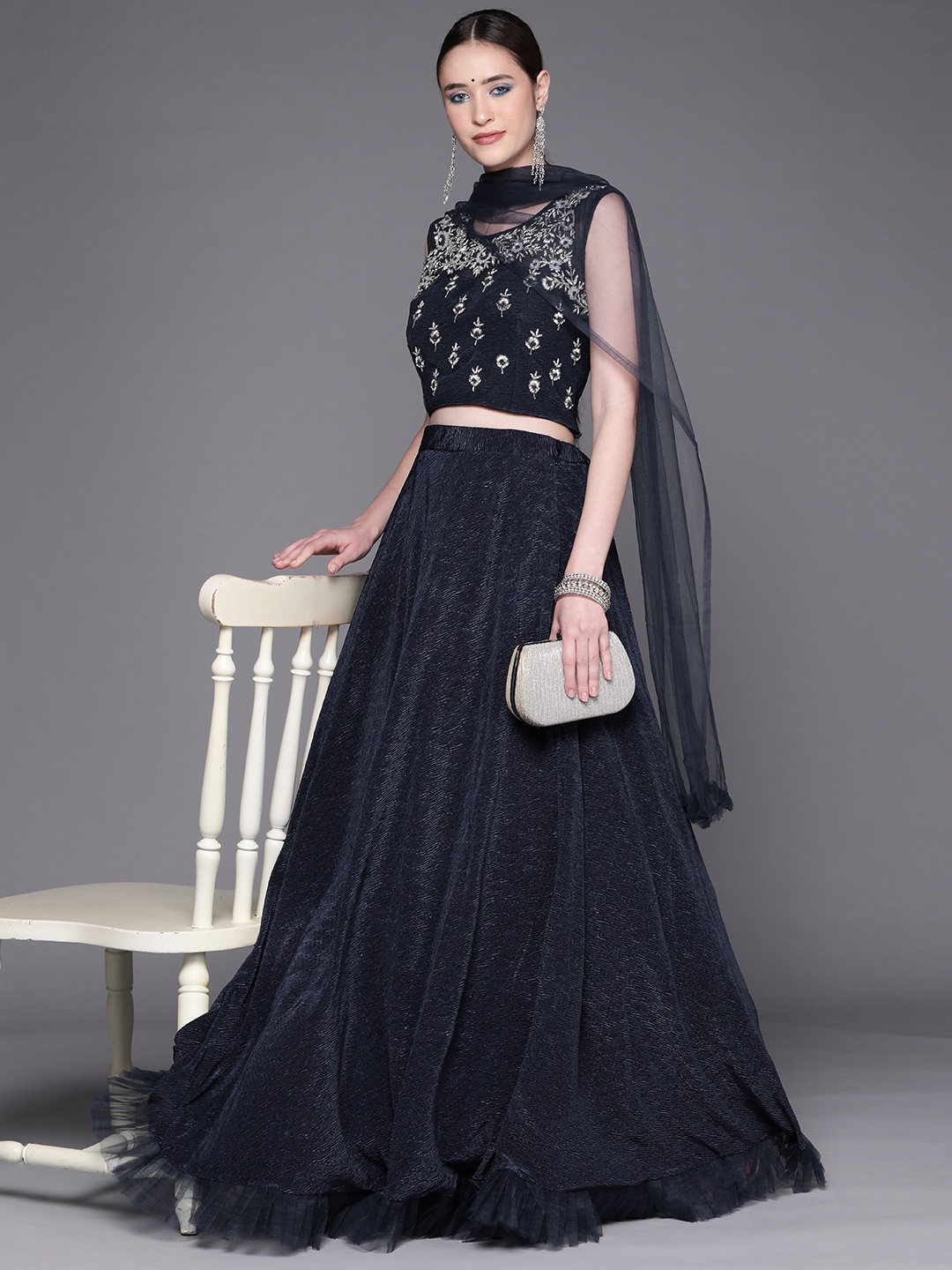 

Mitera Women Navy Blue & Silver Embroidered Lehenga & Blouse With Dupatta