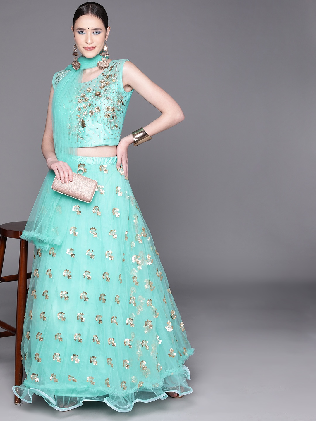 

Mitera Women Sea Green & Golden Embellished Lehenga & Blouse With Dupatta