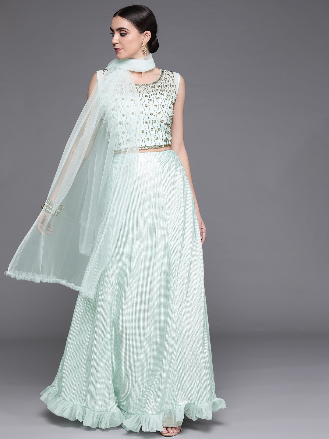 

Mitera Sea Green Embellished Sequinned Ready to Wear Lehenga & Blouse With Dupatta