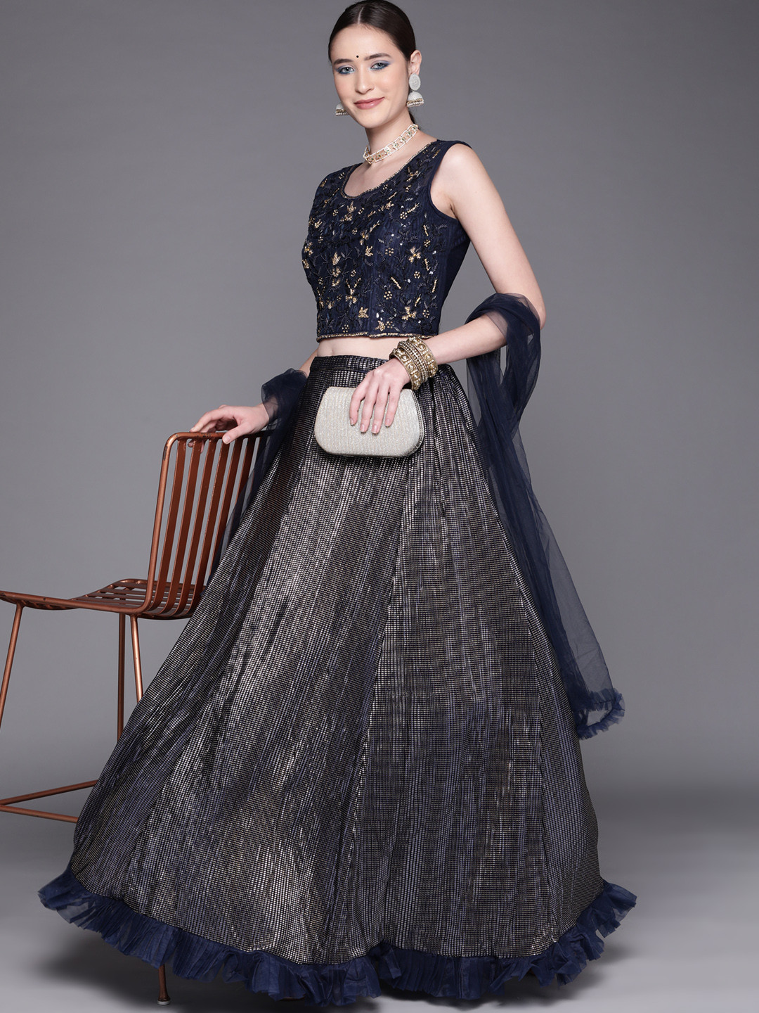 

Mitera Women Navy Blue & Golden Embroidered Lehenga & Blouse With Dupatta