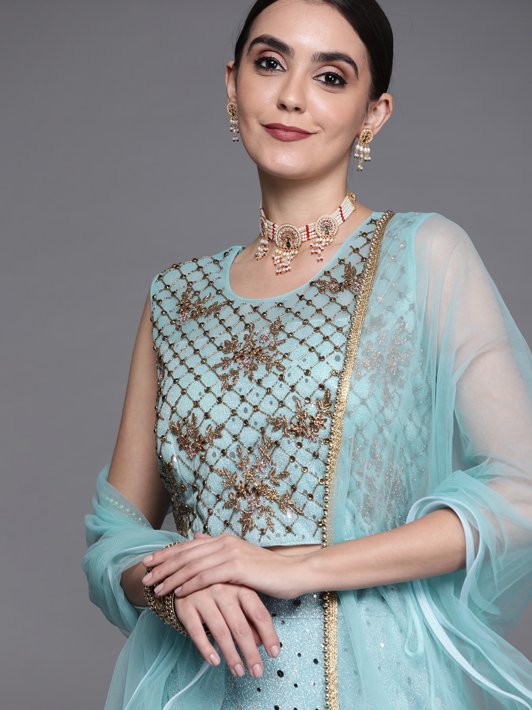 

Mitera Turquoise Blue Embroidered Ready to Wear Lehenga & Blouse With Dupatta