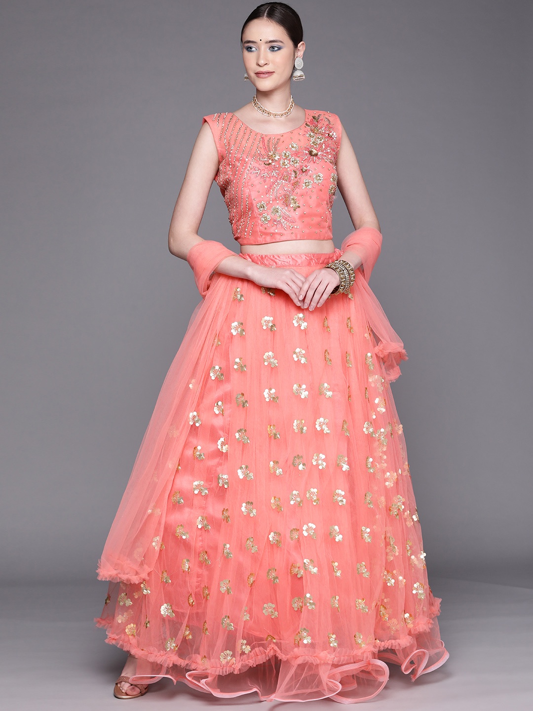 

Mitera Women Peach-Coloured & Golden Embroidered Lehenga & Blouse With Dupatta
