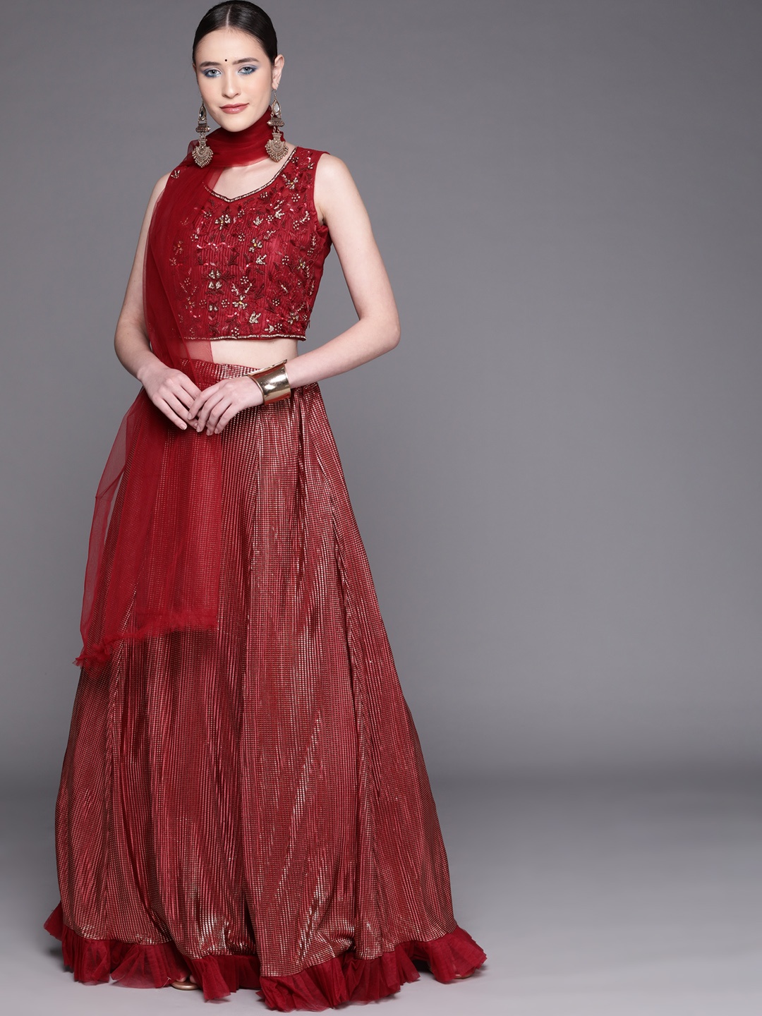 

Mitera Women Maroon & Golden Embroidered Lehenga & Blouse With Dupatta