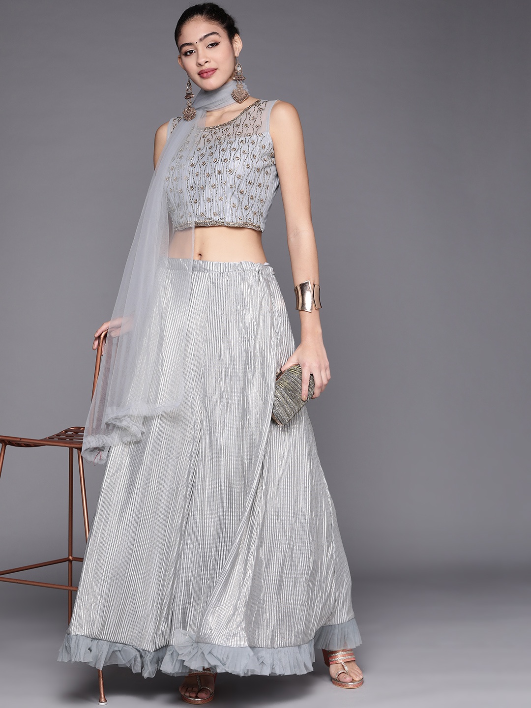 

Mitera Women Grey & Golden Embroidered Lehenga & Blouse With Dupatta