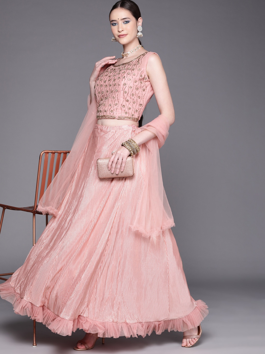 

Mitera Women Peach-Coloured & Golden Embroidered Lehenga & Blouse With Dupatta
