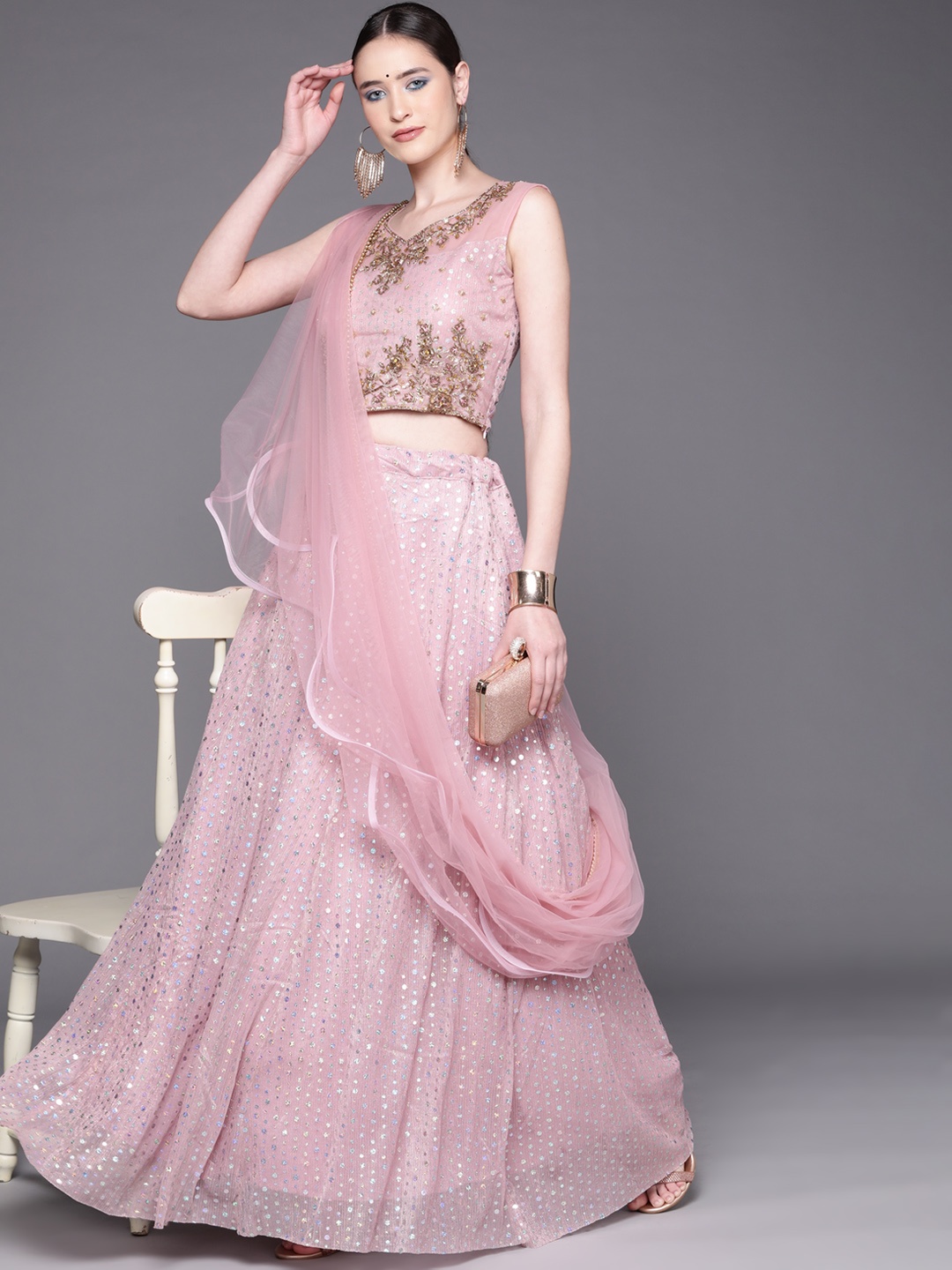 

Mitera Women Pink & Silver Embroidered Lehenga & Blouse With Dupatta