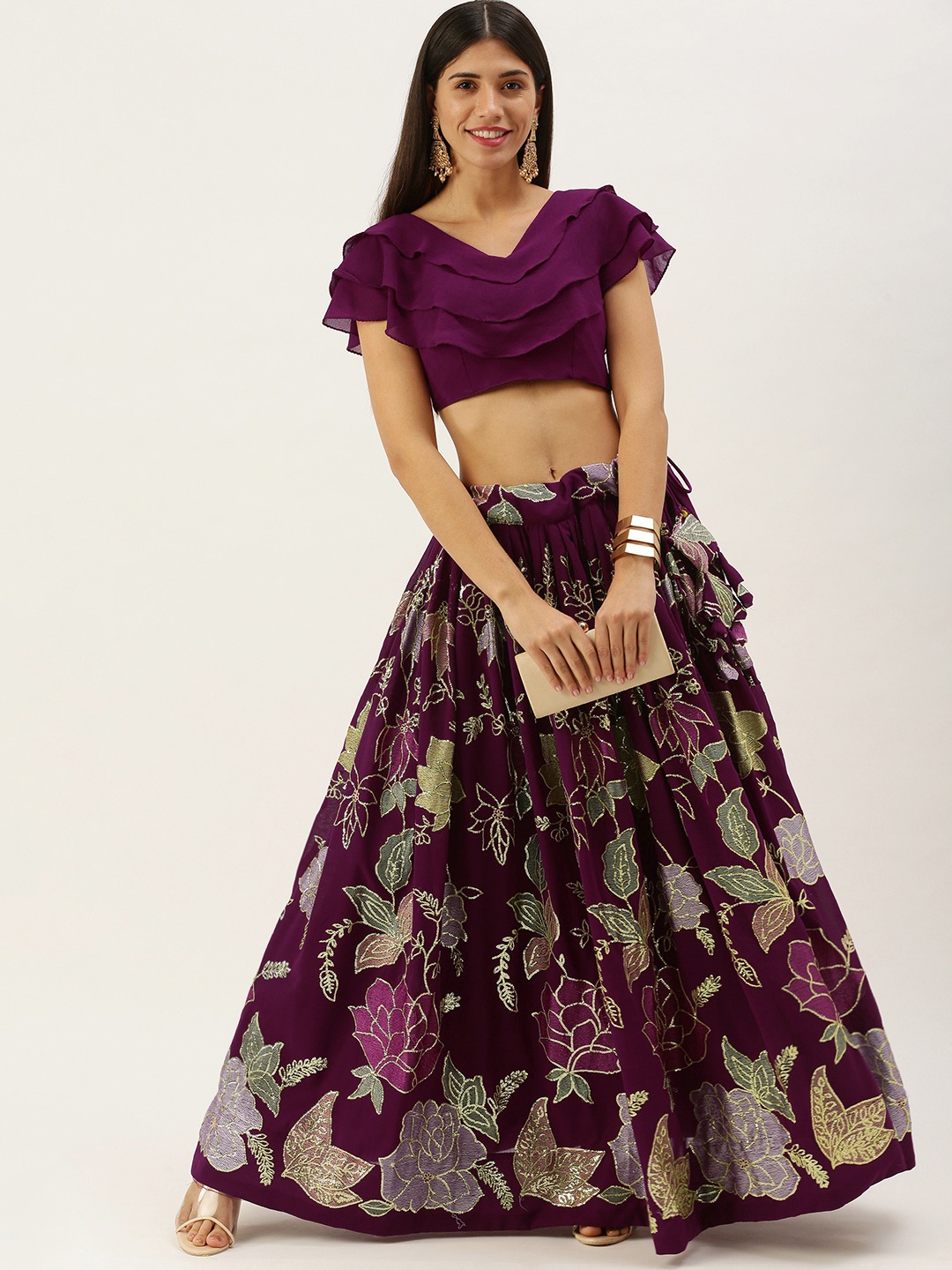 

LOOKNBOOK ART Purple & Green Floral Print Sequin Semi-Stitched Lehenga & Unstitched Blouse