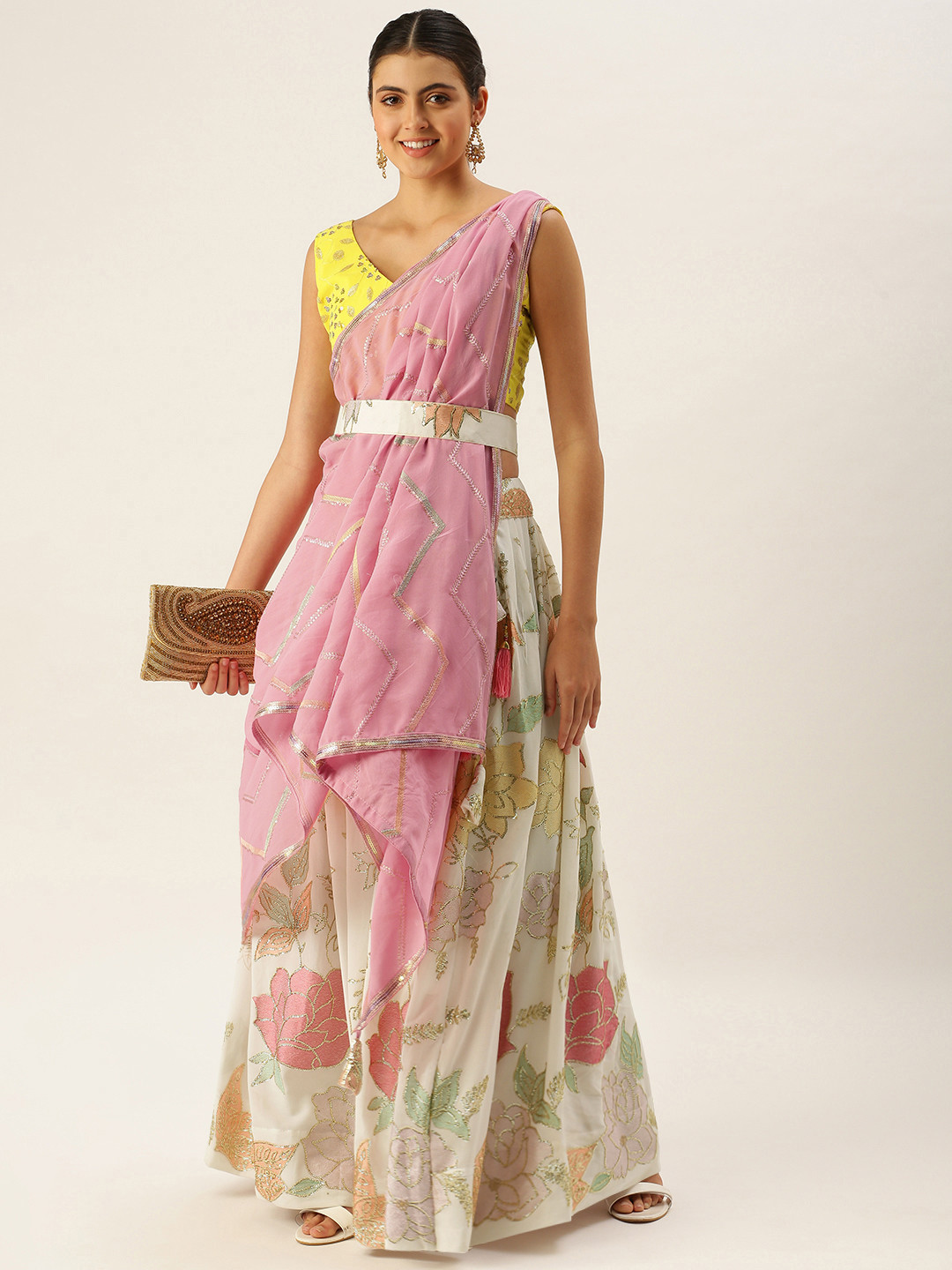 

LOOKNBOOK ART White & Pink Embellished Sequinned Semi-Stitched Lehenga & Unstitched Blouse With Dupatta