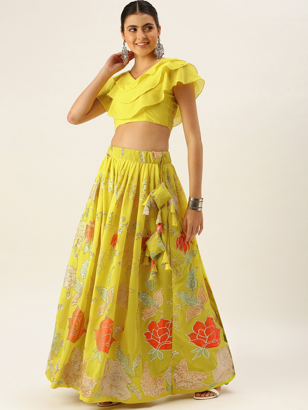 

LOOKNBOOK ART Yellow & Orange Floral Sequin Semi-Stitched Lehenga & Unstitched Blouse