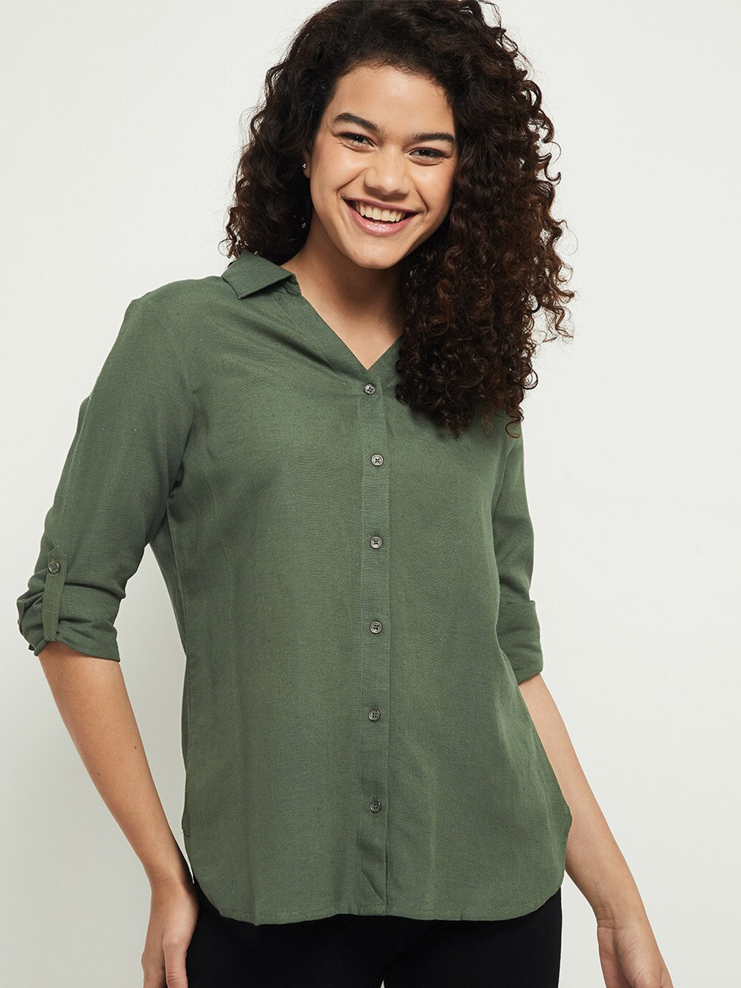 

max Women Olive Green Roll-Up Sleeves Casual Shirt