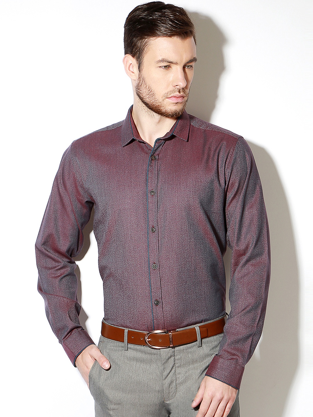 

V Dot by Van Heusen Men Maroon Slim Fit Self-Design Semi Formal Shirt