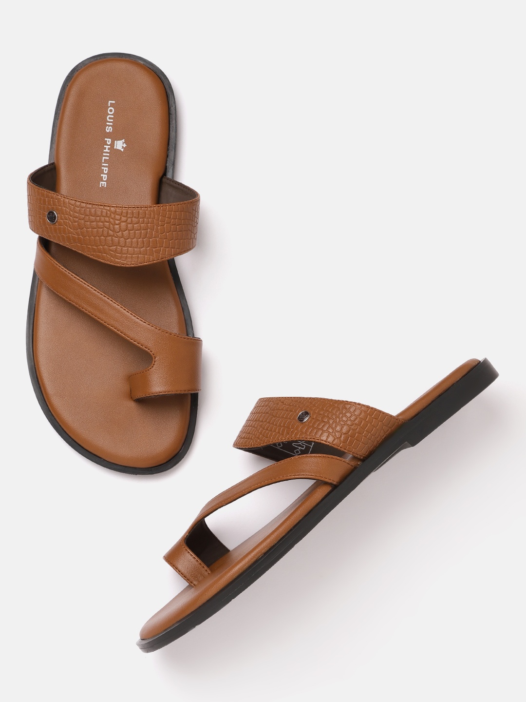 

Louis Philippe Men Tan Brown Croc Textured One Toe Comfort Sandals