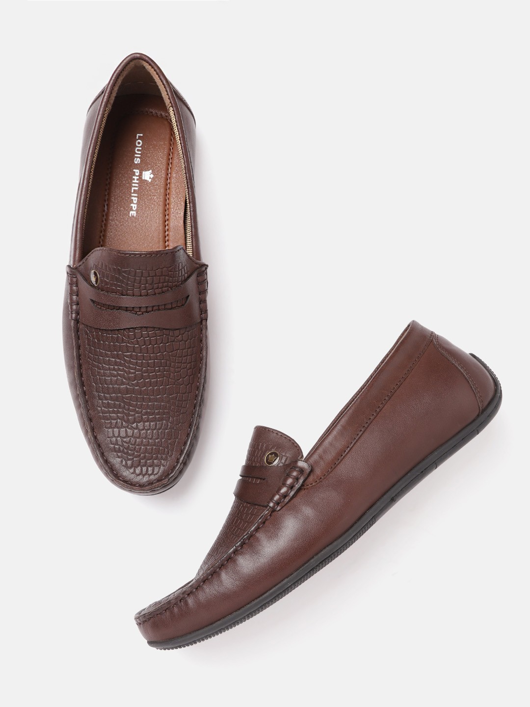 

Louis Philippe Men Coffee Brown Croc Textured Leather Penny Driving Shoes