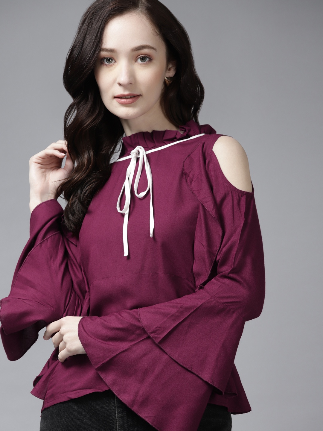 

The Dry State Purple Ruffles Top With Bell Sleeves & Pleated Neck