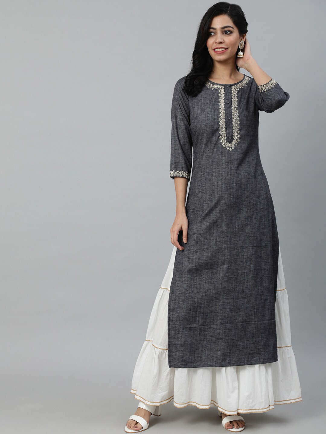 

Nayo Women Grey Yoke Design Embroidered Kurta