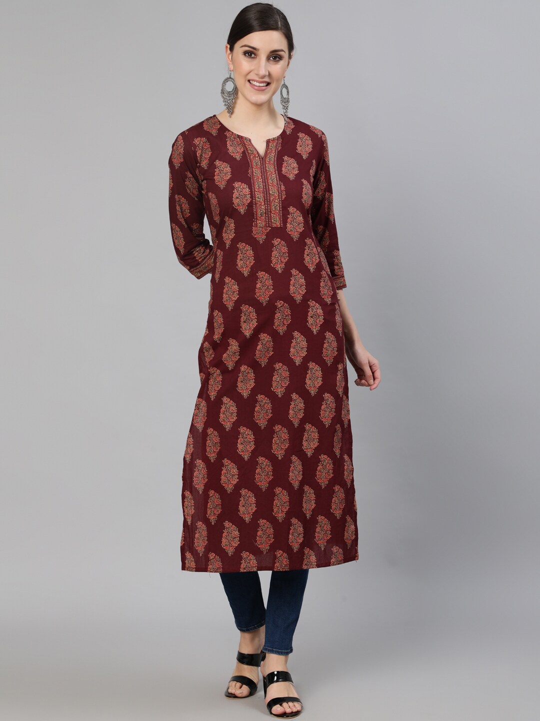 

Nayo Women Burgundy & dark sienna Ethnic Motifs Printed Straight Kurta