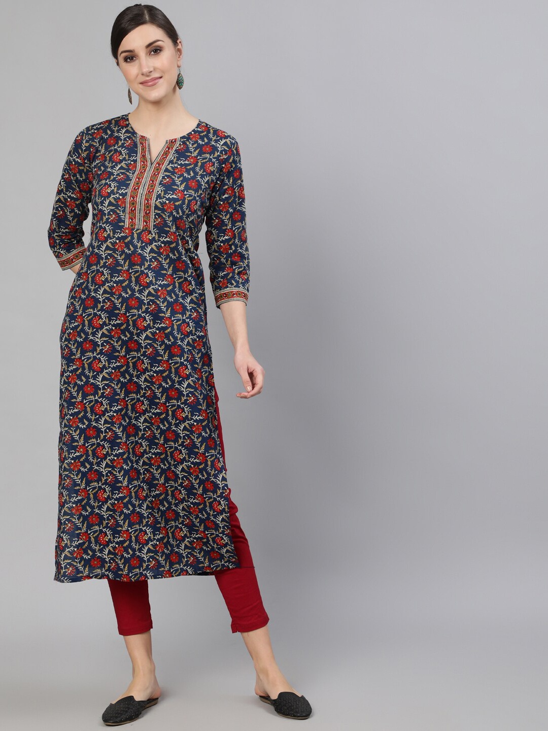 

Nayo Women Blue7 Red Ethnic Motifs Printed Straight Kurta, Blue