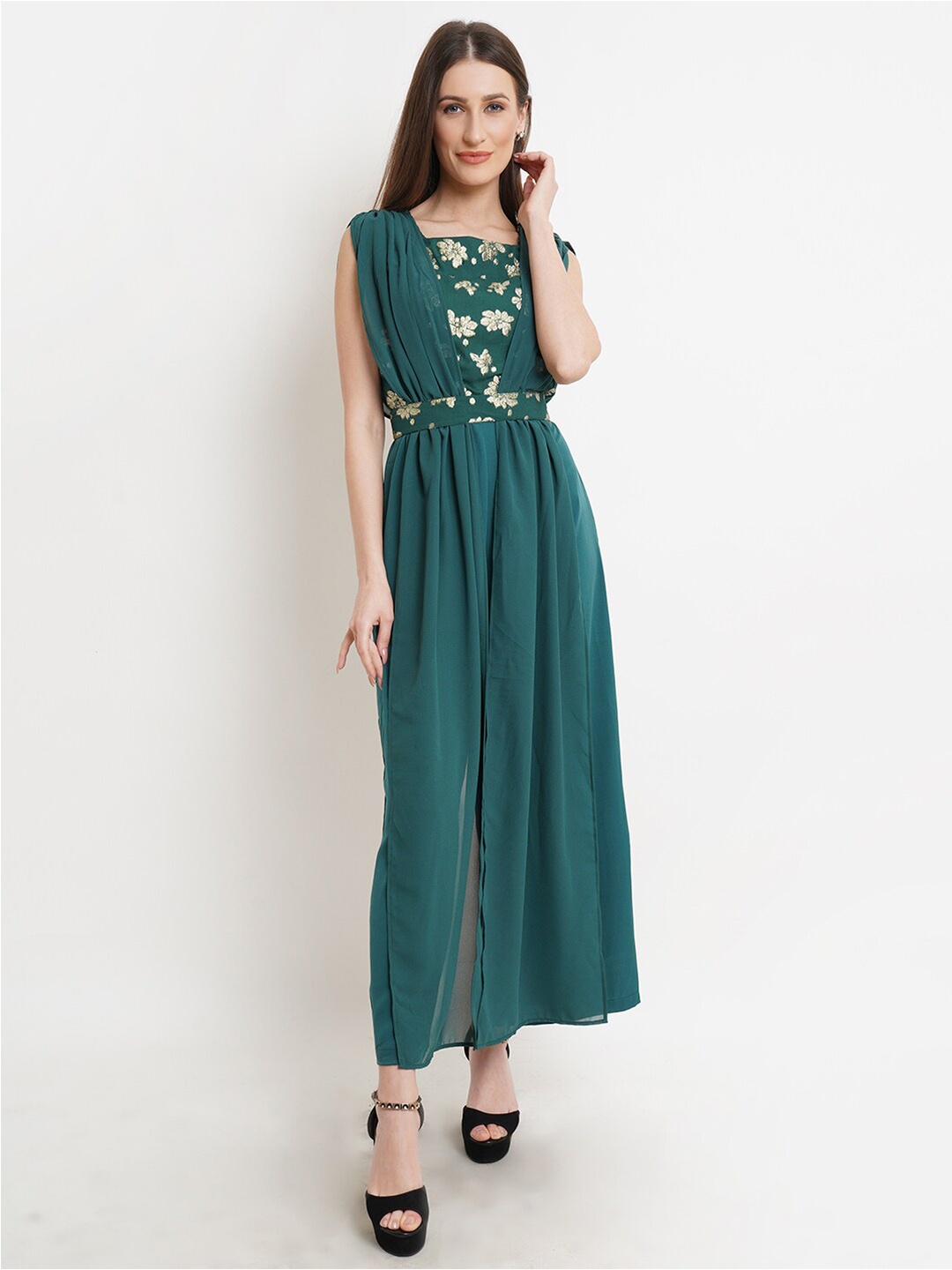 

Purple State Teal & Gold-Toned Basic Jumpsuit with Embroidered Belt