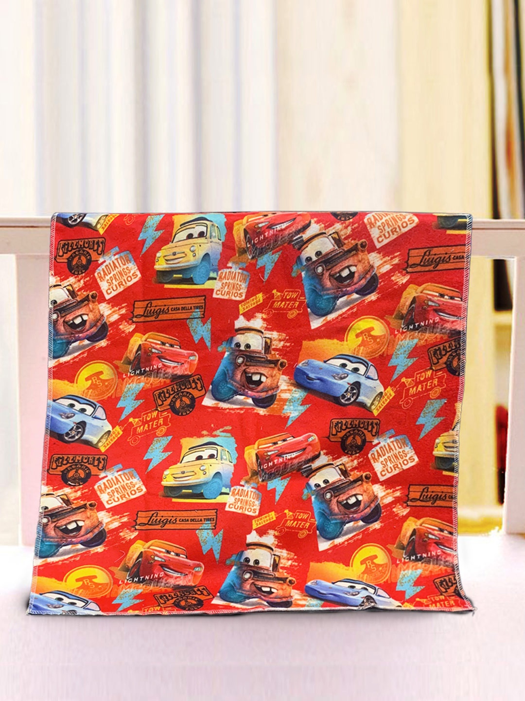 

YK Red Polyester Car Printed Medium Size Dry Sheet/Bed Protector for Kids