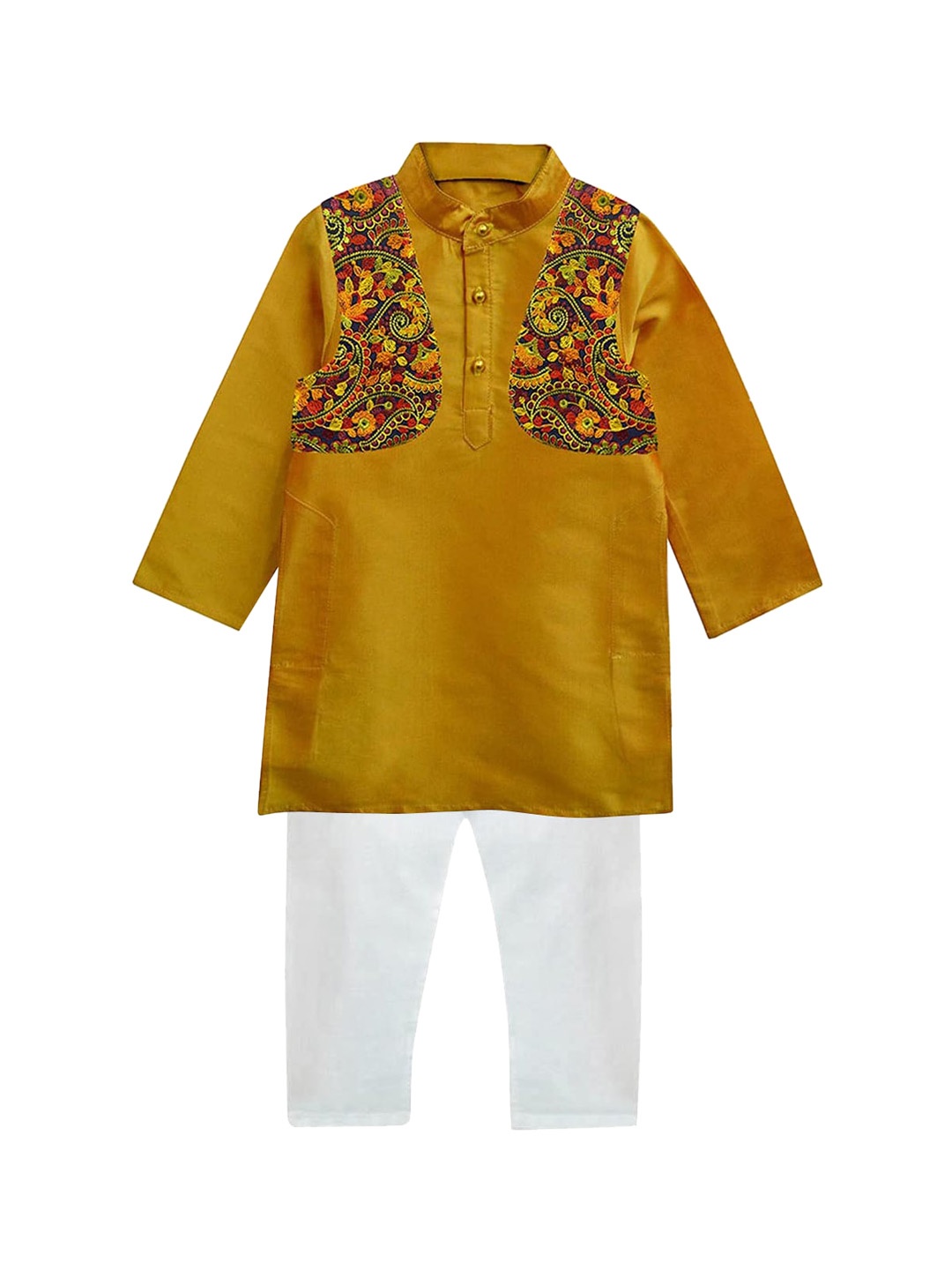 

A.T.U.N. Boys Mustard Yellow & White Layered Kurta with Pyjamas & Jacket