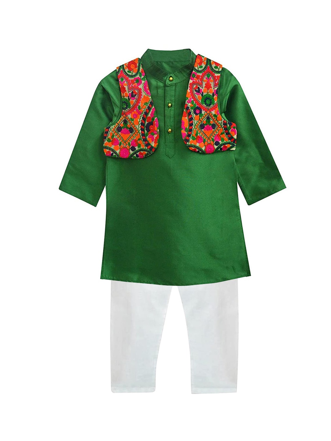 

A T U N Boys Green & White Embroidered Kurta with Pyjamas & Jacket